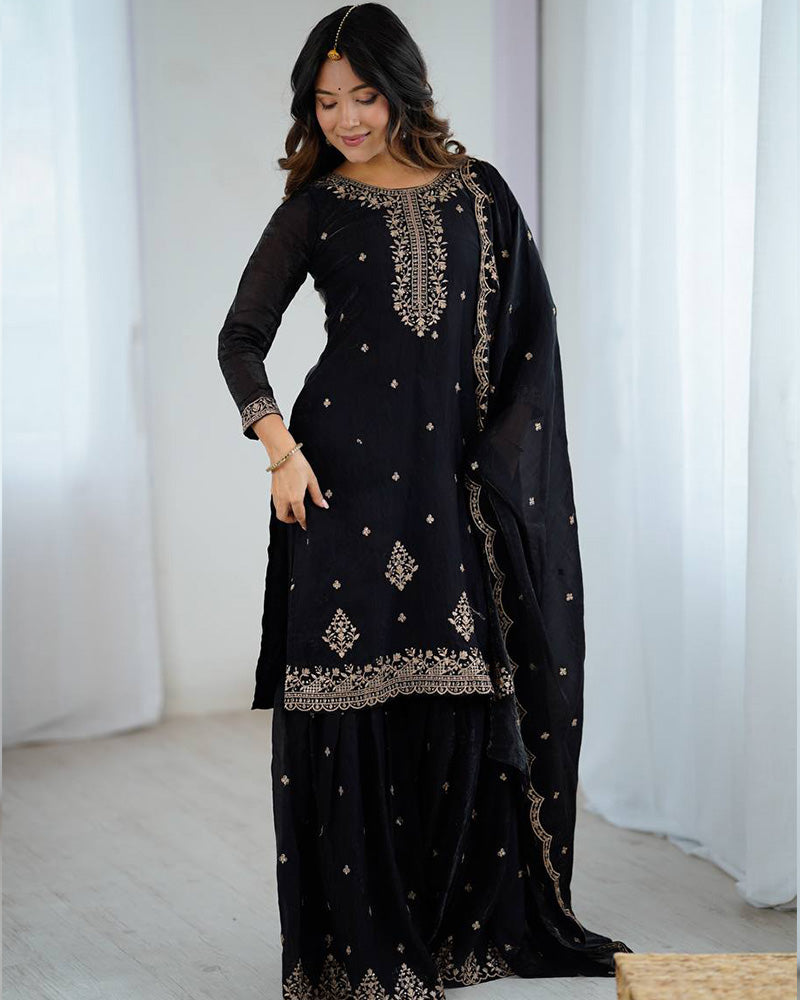 Black Color Crunchy Silk Sharara Suit