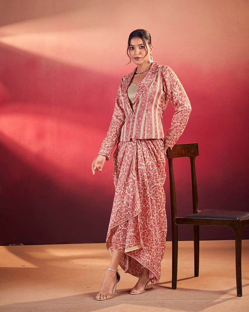 Salmon Printed Jacket Style Indo-Western Co-Ord Set