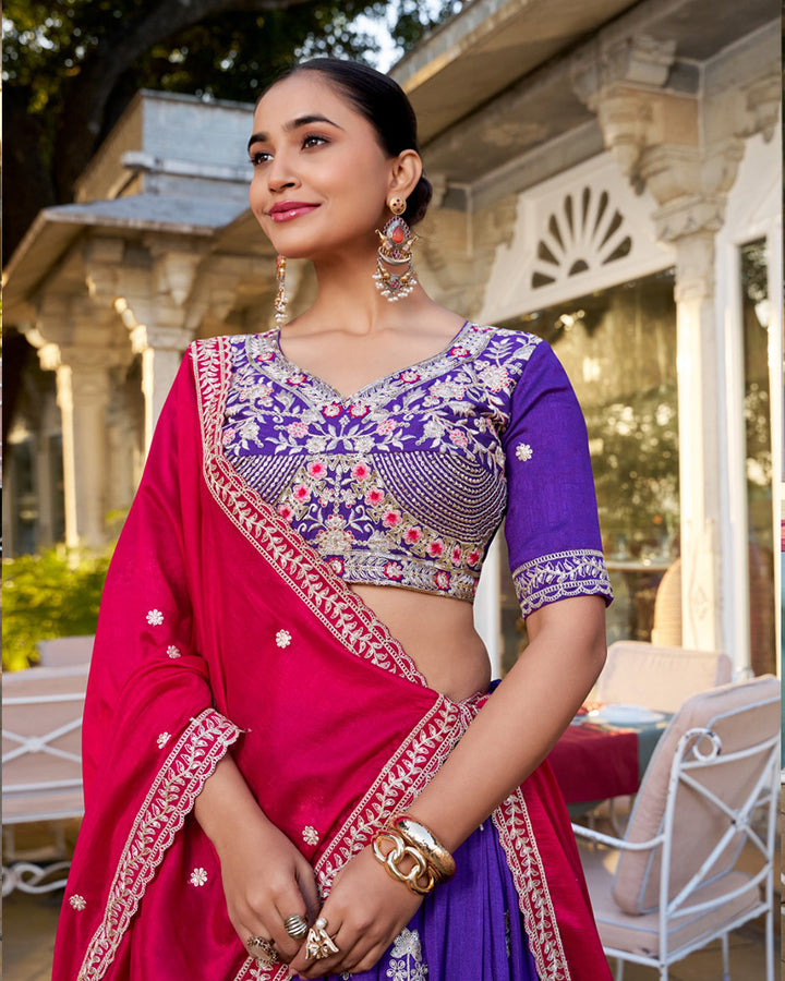 Purple Color Vichitra Silk Thread Embroidered Lehenga Choli