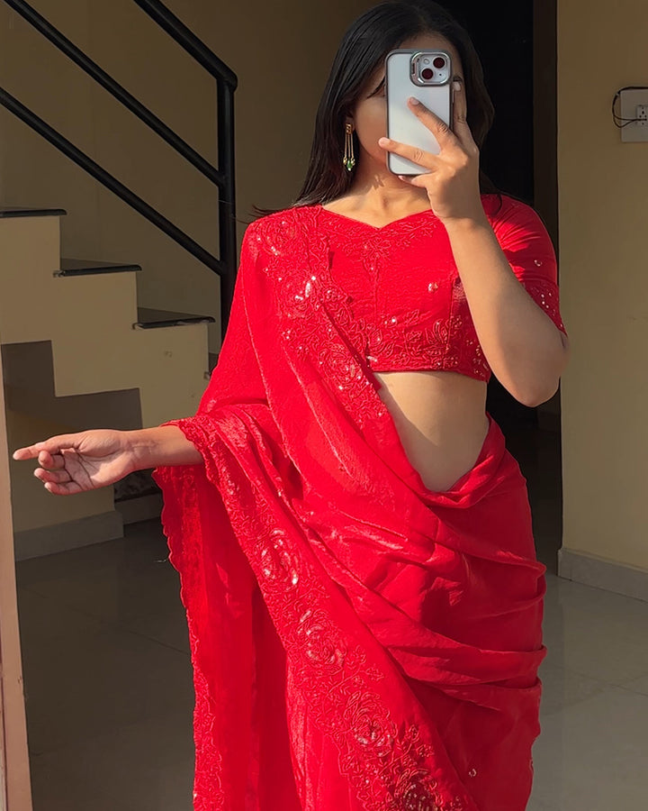 Red Color Space Silk Sequence Embroidered Saree