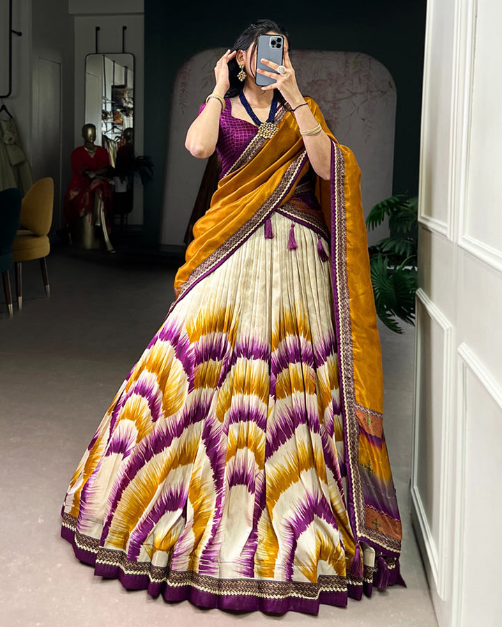 Wine Color Tasar Silk Dye Printed Lehenga Choli