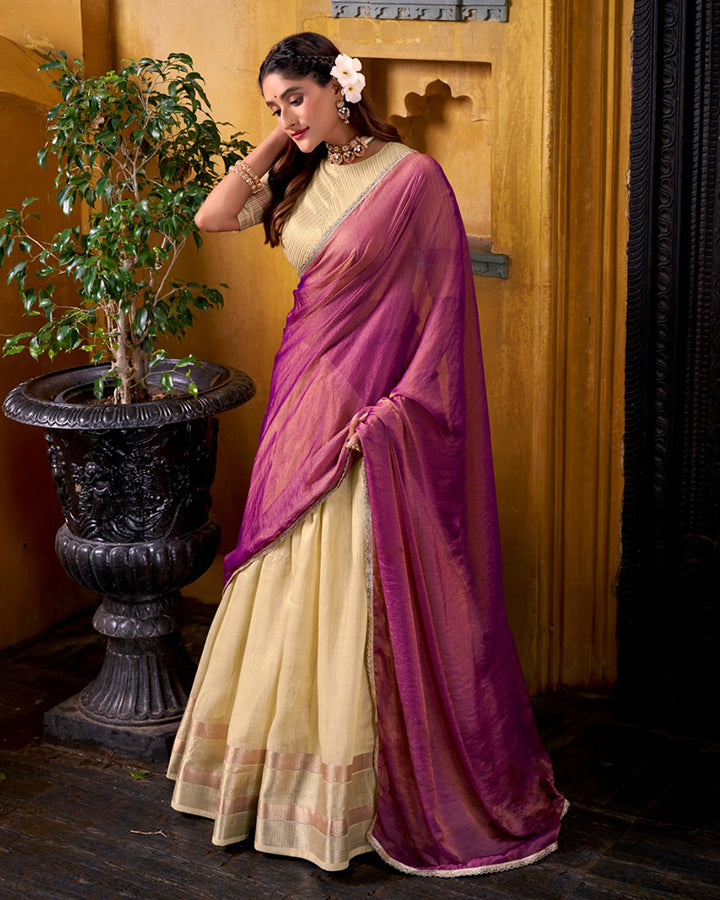 Yelllow Color Dupion Silk Zari Weaving Half Saree