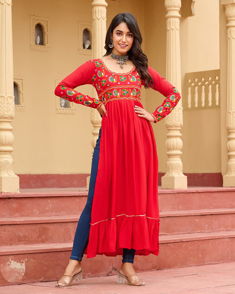 Traditional Red Pure Rayon Embroidered Navratri Kurti