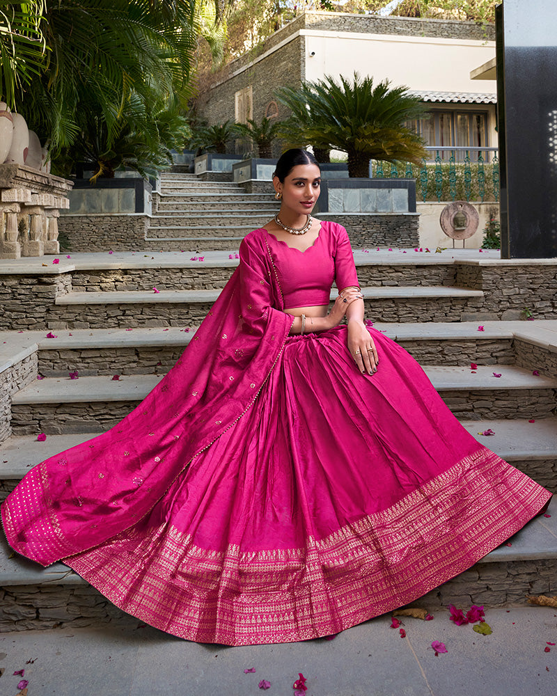 Pink Color Pure Chanderi Plain Navratri Lehenga Choli