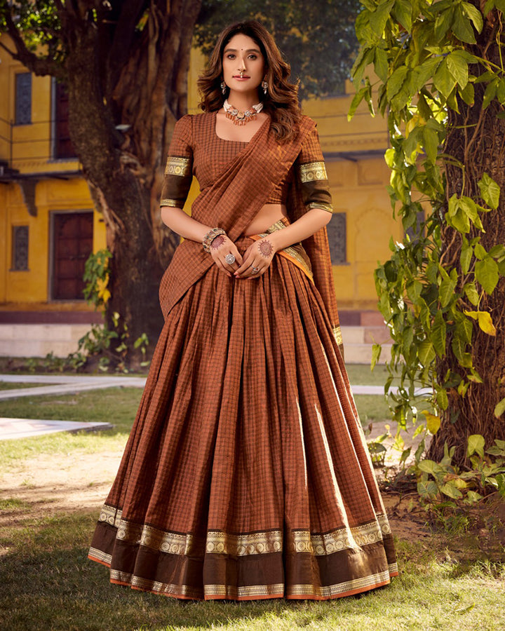 Rust Orange Color Chettinad Cotton Half Saree