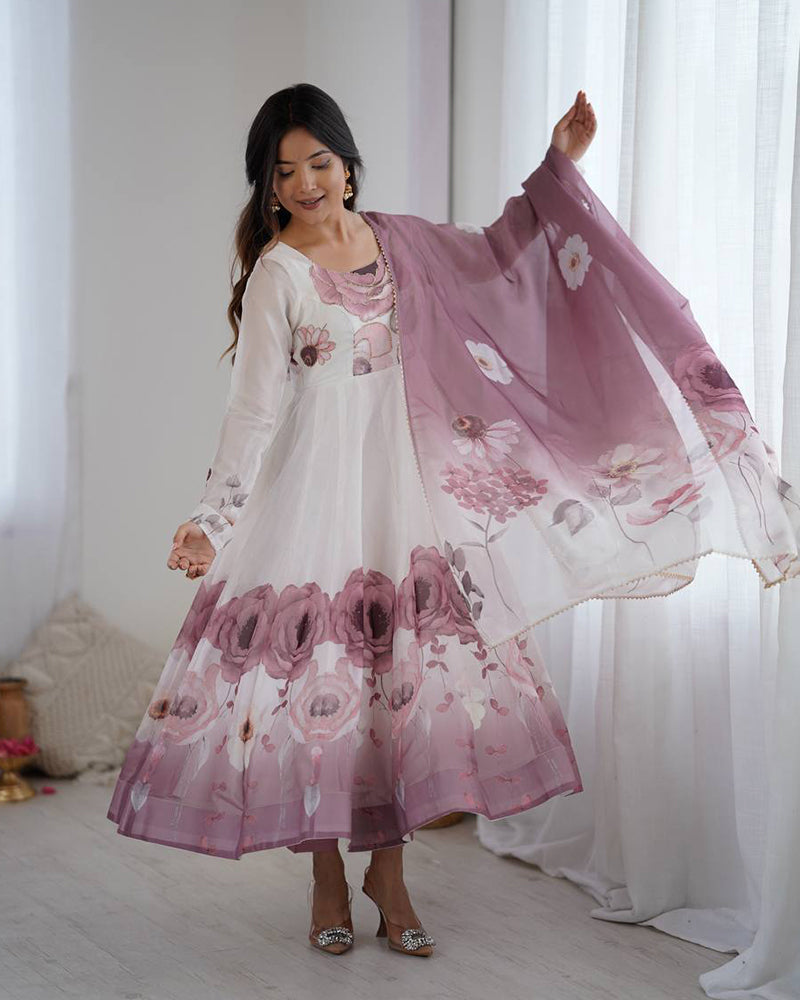 Onion Pink Color Floral Pure Soft Tebby Organza Three Piece Anarkali Suit