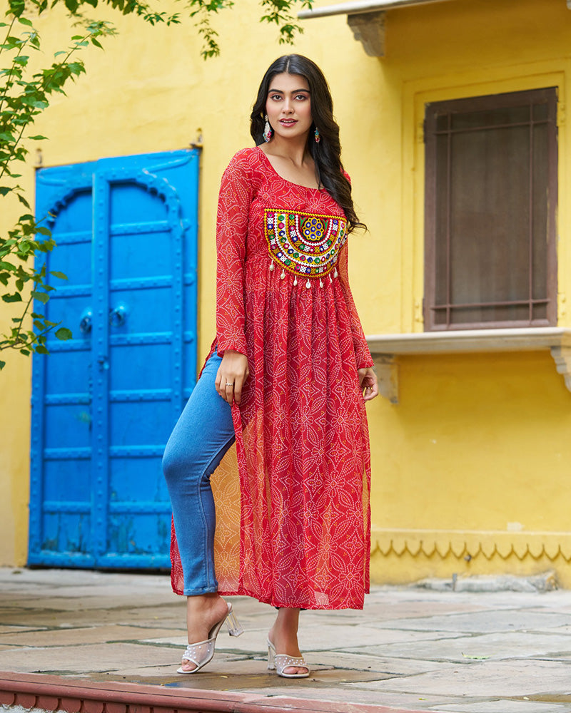 Festive Red Georgette Printed Kurti With Gamthi Patchwork