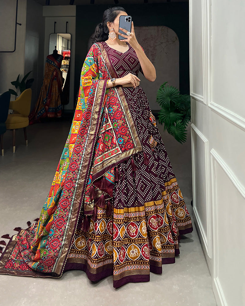 Wine Color Tussar Silk Bandhej And Patola Printed Navratri Lehenga Choli