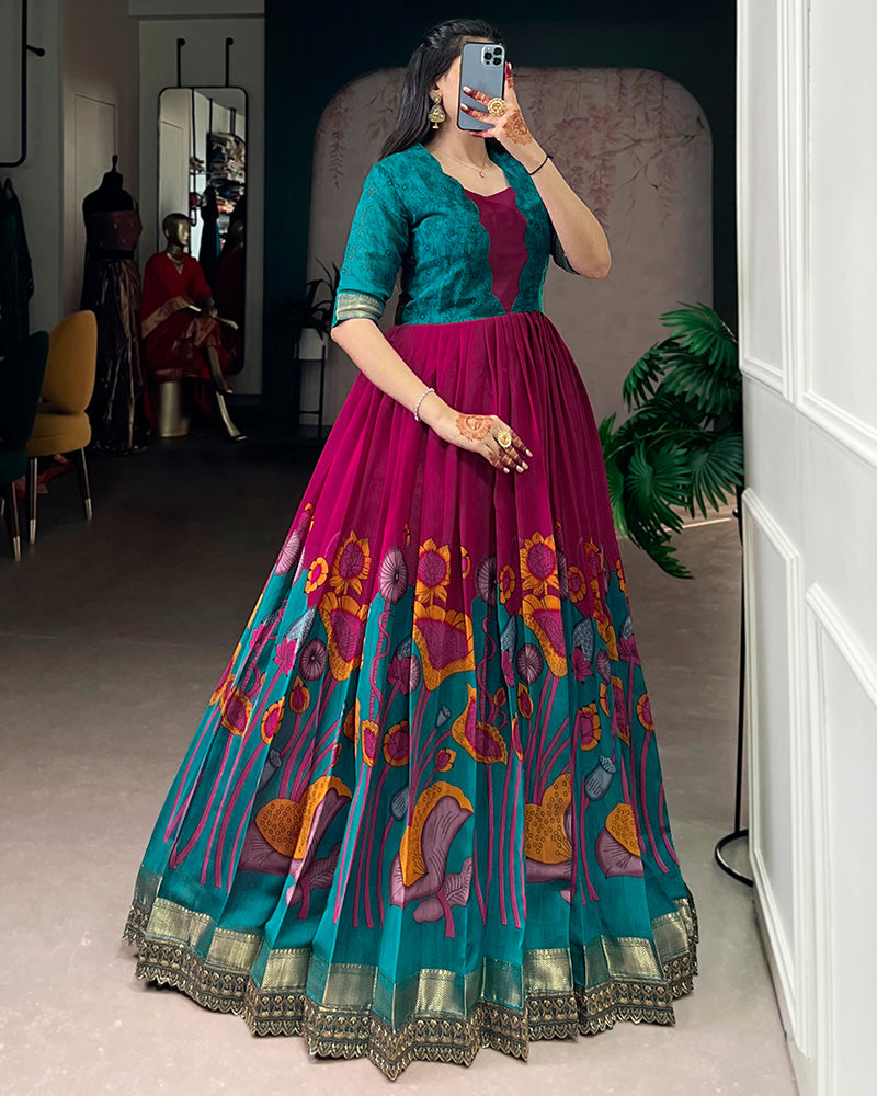 Pink Color Viscose Chanderi Floral Printed Gown