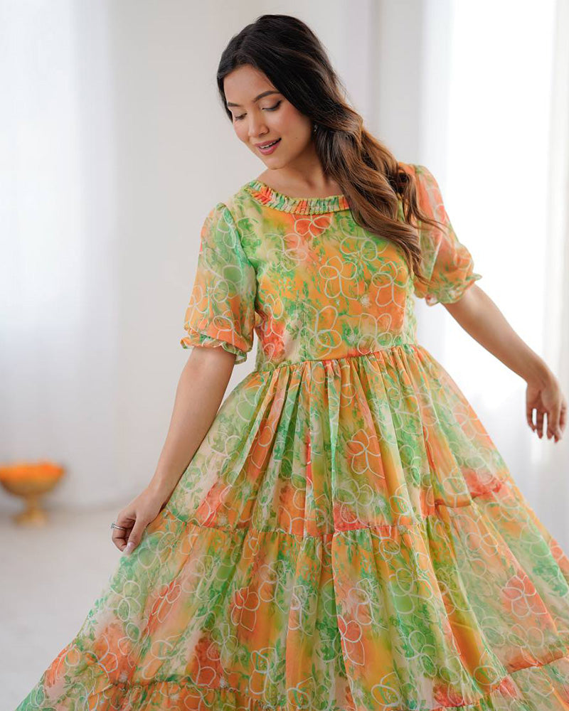 Lime Green Color Georgette Digital Printed Tunic