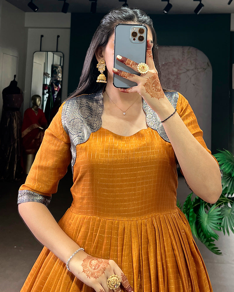 Mustard Color Dola Chex Zari Weaving Gown