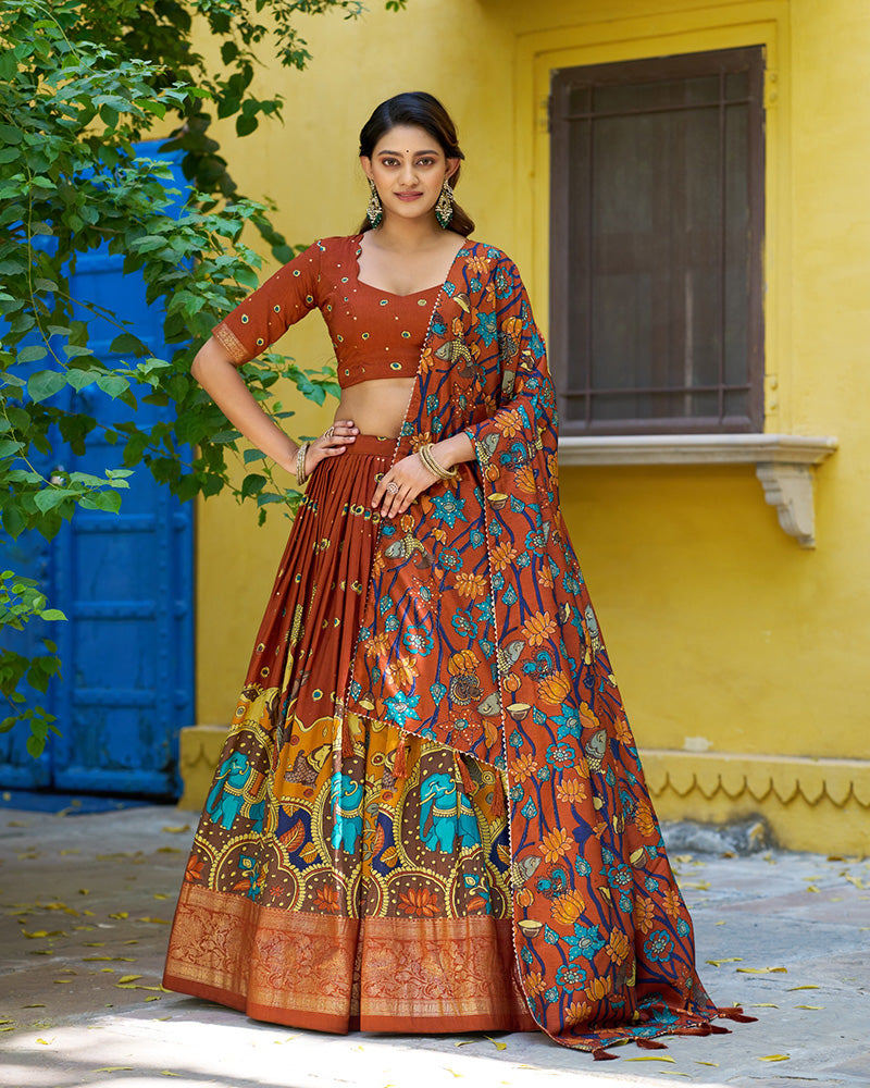 Rust Orange Color Tussar Silk Kalamkari Printed Lehenga Choli