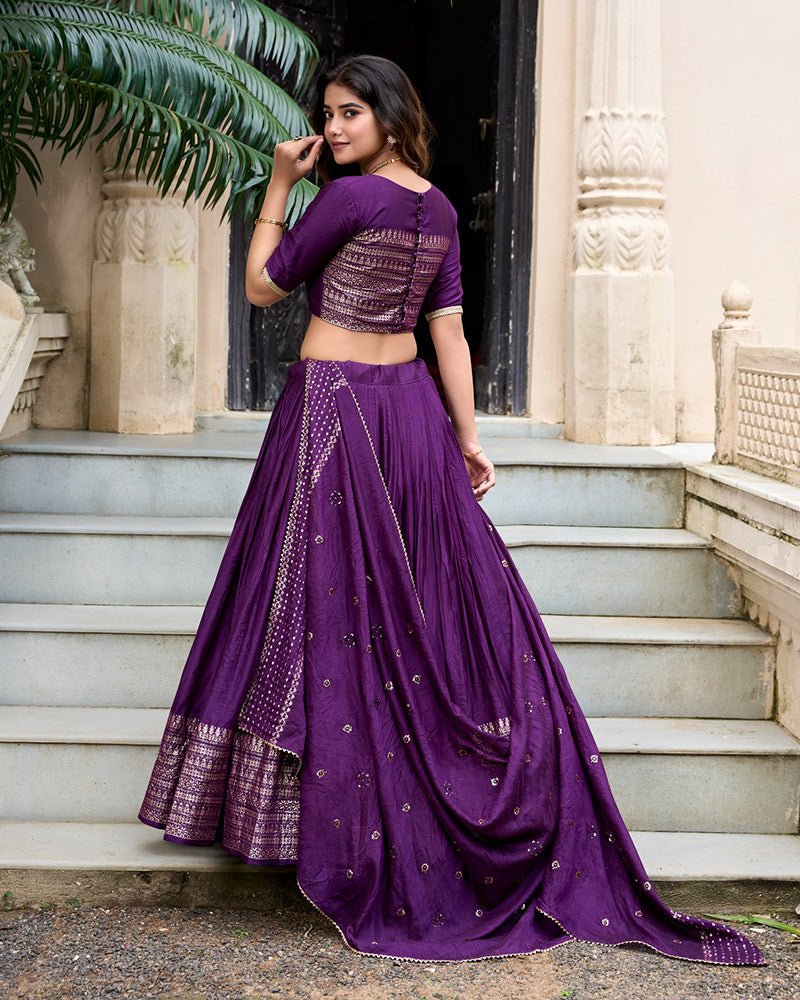 Dark Purple Color Pure Chanderi Plain Navratri Half Saree