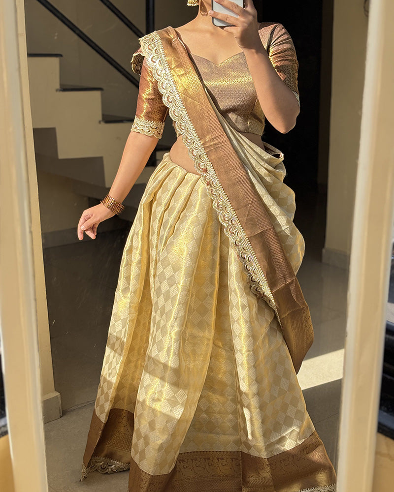 Golden Color Tissue Silk Zari Work Saree