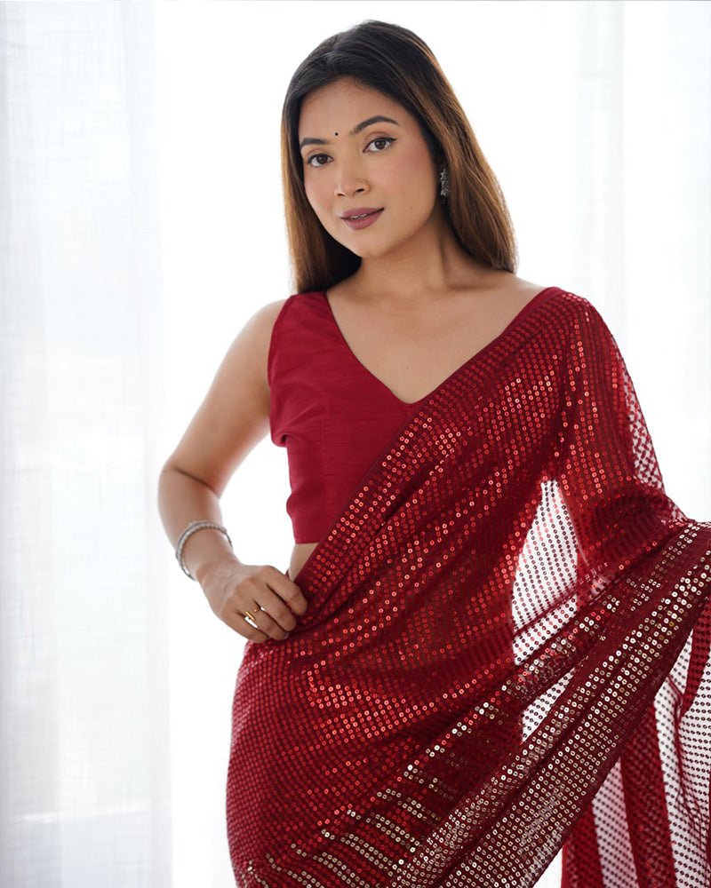 Red Color Heavy Georgette Embroidered Saree