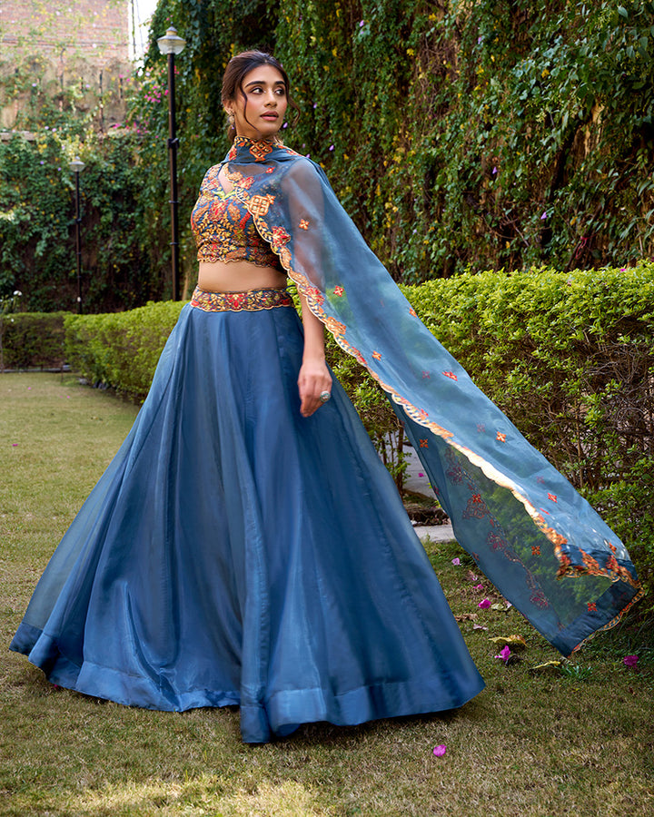 Teal Green Color Chanda Silk Embroidered Lehenga Choli