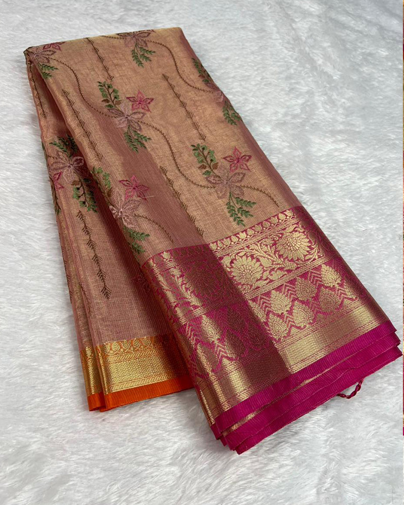 Baby Pink Color Tissue Silk Floral Embroidered Saree