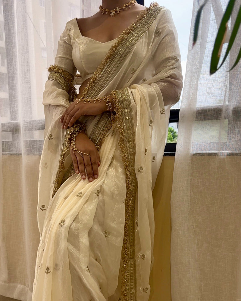 Cream Color Space Satin Embroidered Saree