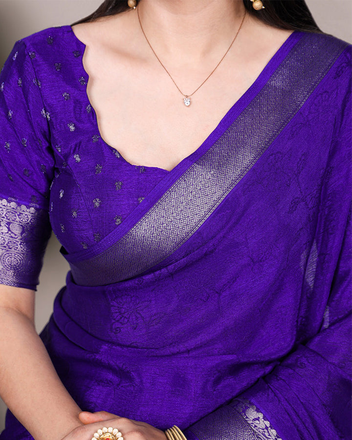 Royal Blue Color Chinon Self Printed Saree