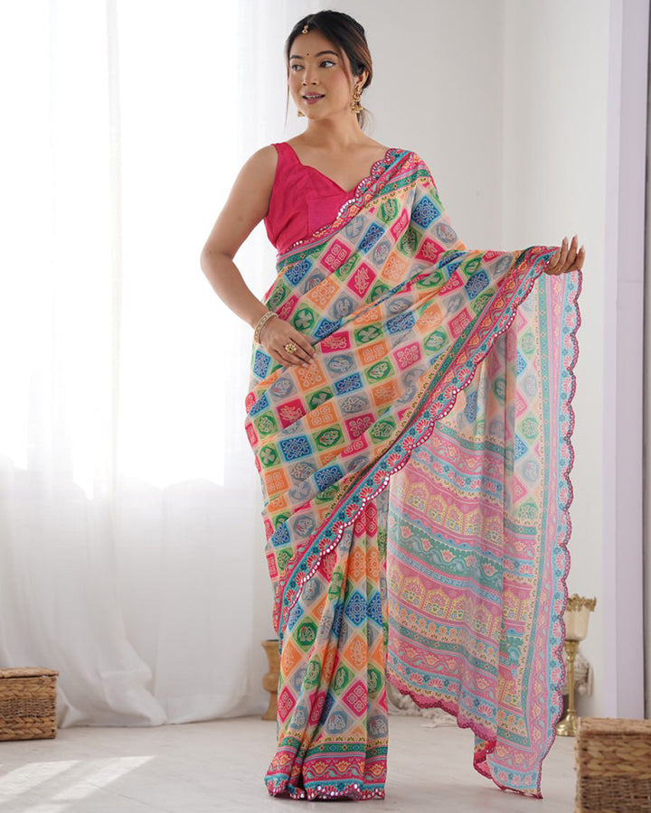 Multi Pink Color Chinnon Silk Saree