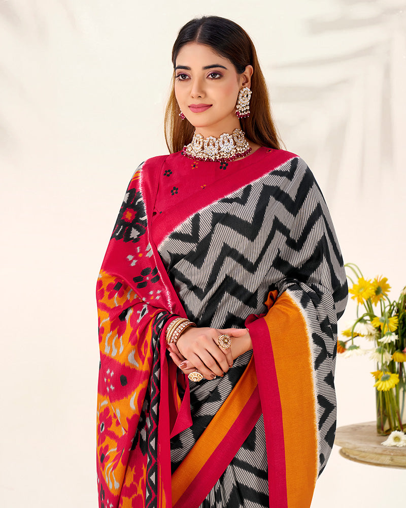Black Color Tasar Silk Printed Saree