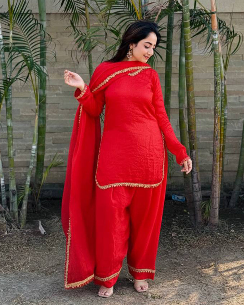 Red Color Fendi Satin Silk Kurti Suit