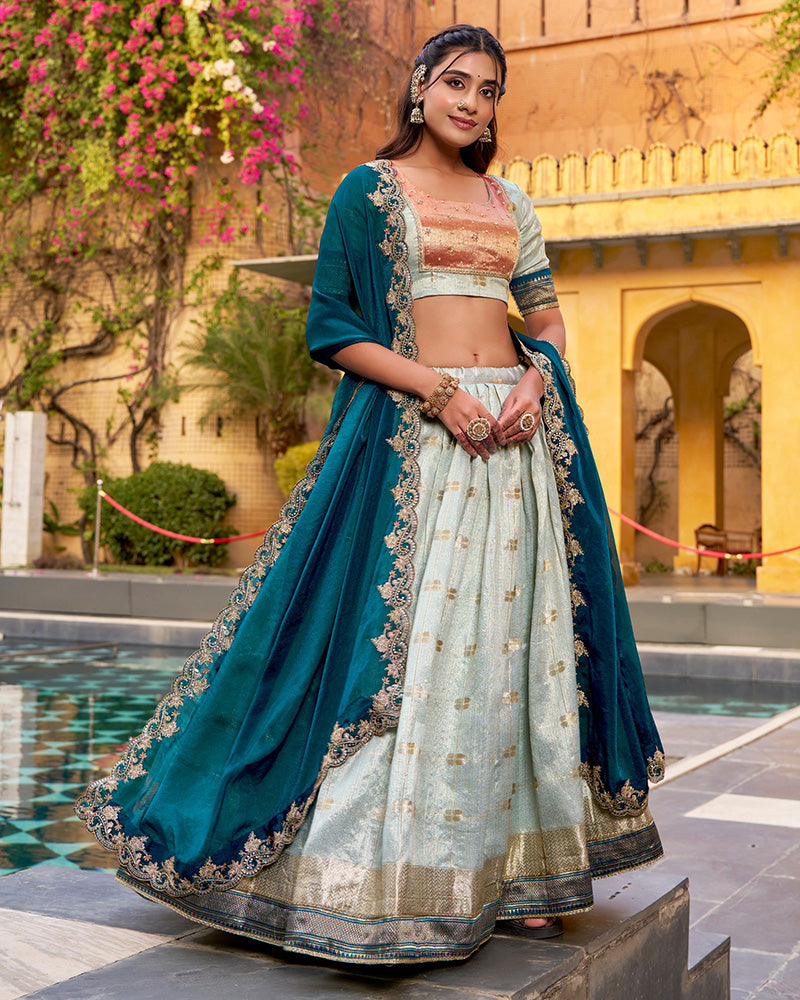 Sky Blue Color Slub Kota Paithani Silk Lehenga Choli