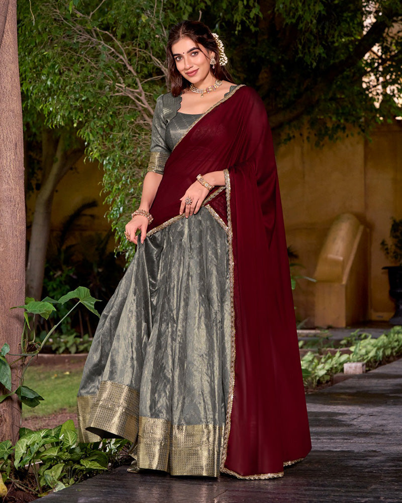 Grey Color Dupion Silk Zari Weaving Half Saree