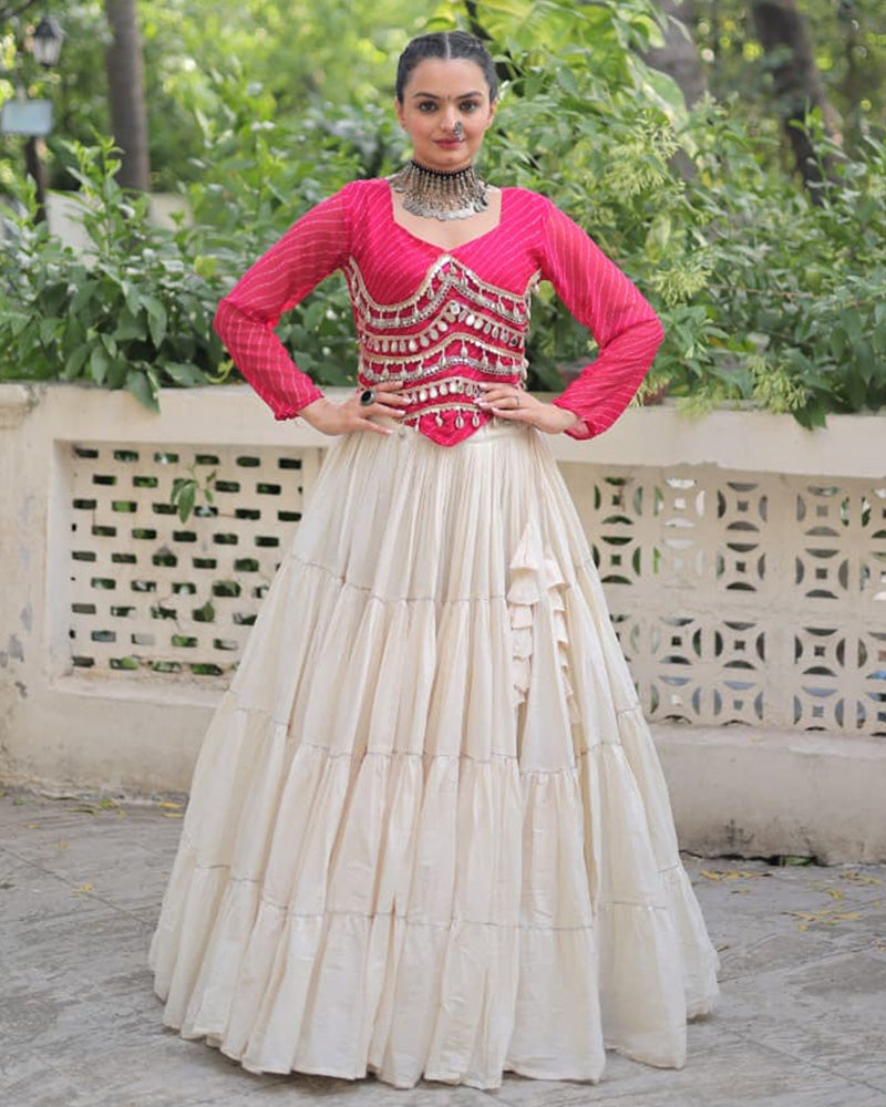 Rani Pink Color Laheriya Print Kurti With Kora Cotton Lehenga