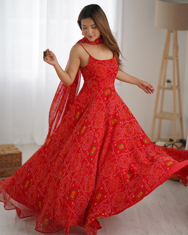 Floral Red Color Bandhani Print Soft Chiffon Anarkali Gown