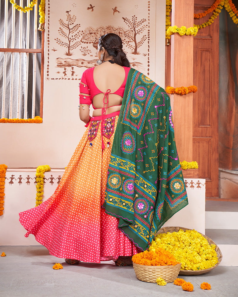 Yellow Pink Color Viscose Rayon Print And Mirror Work Fully Stitched Navratri Lehenga Choli
