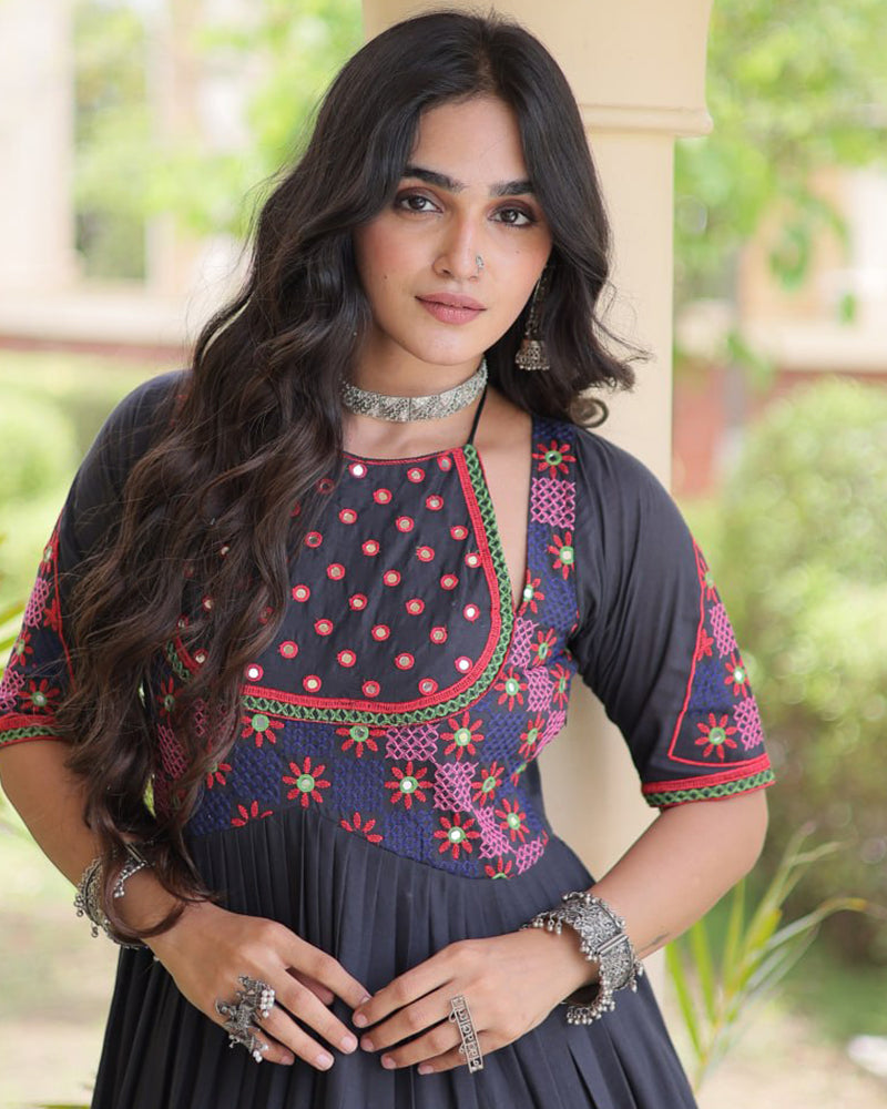 Two Color Kora Cotton with Multi Thread Embroidered Navratri Gown