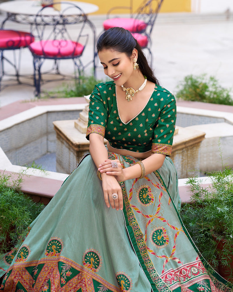 Green Color Tasar Silk Printed Sparkle Lehenga Choli