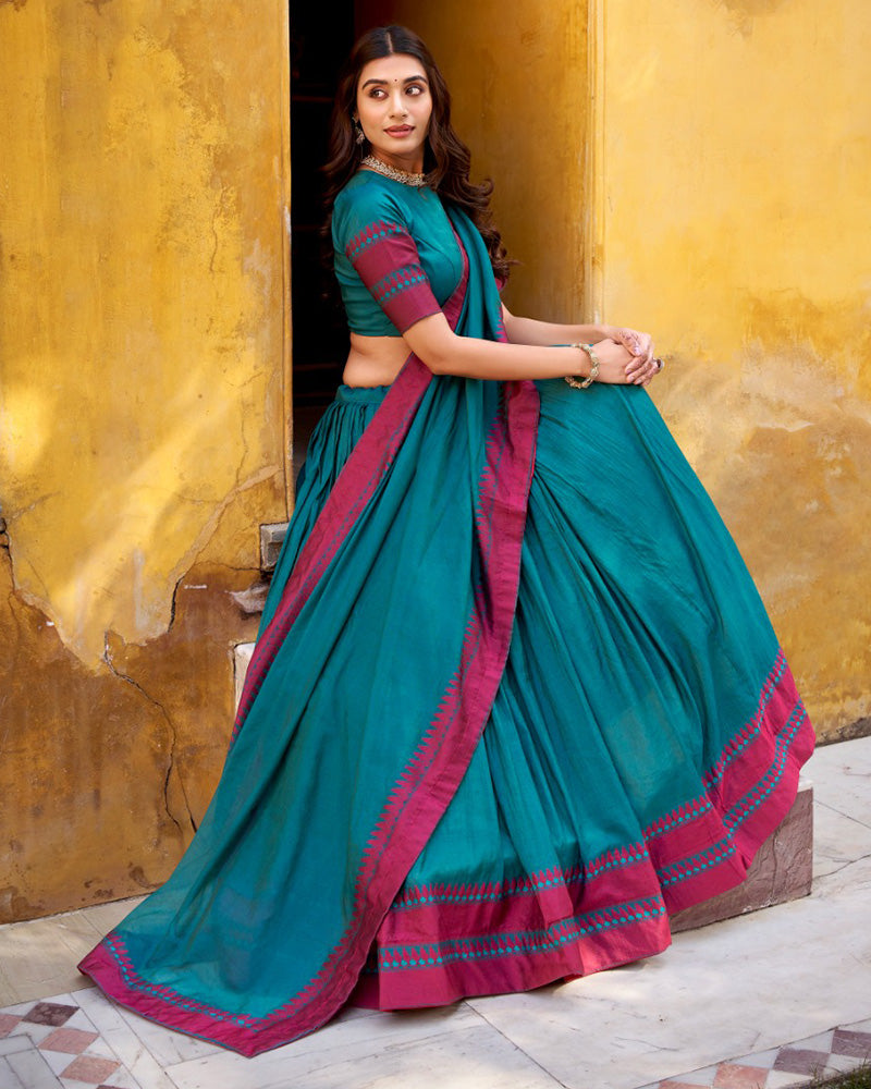 Teal Green Color Pure Chanderi Threaded Half Saree