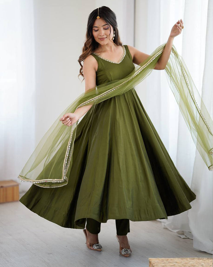 Mehndi Color Chanderi Pure Roman Silk Anarkali Suit
