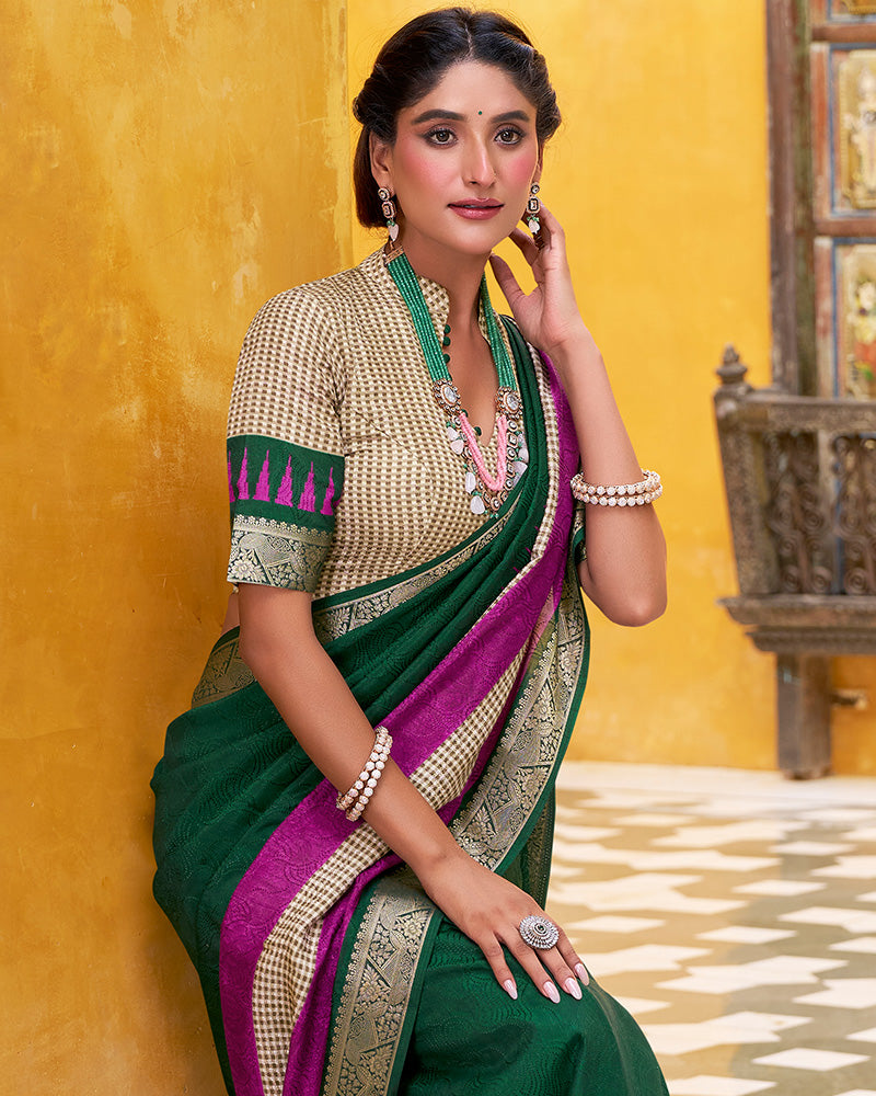 Green Color Poly Cotton Printed Saree