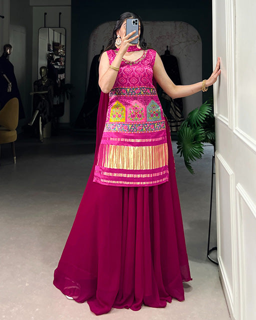 Pink Color Gaji Silk Three Piece Plazo Suit