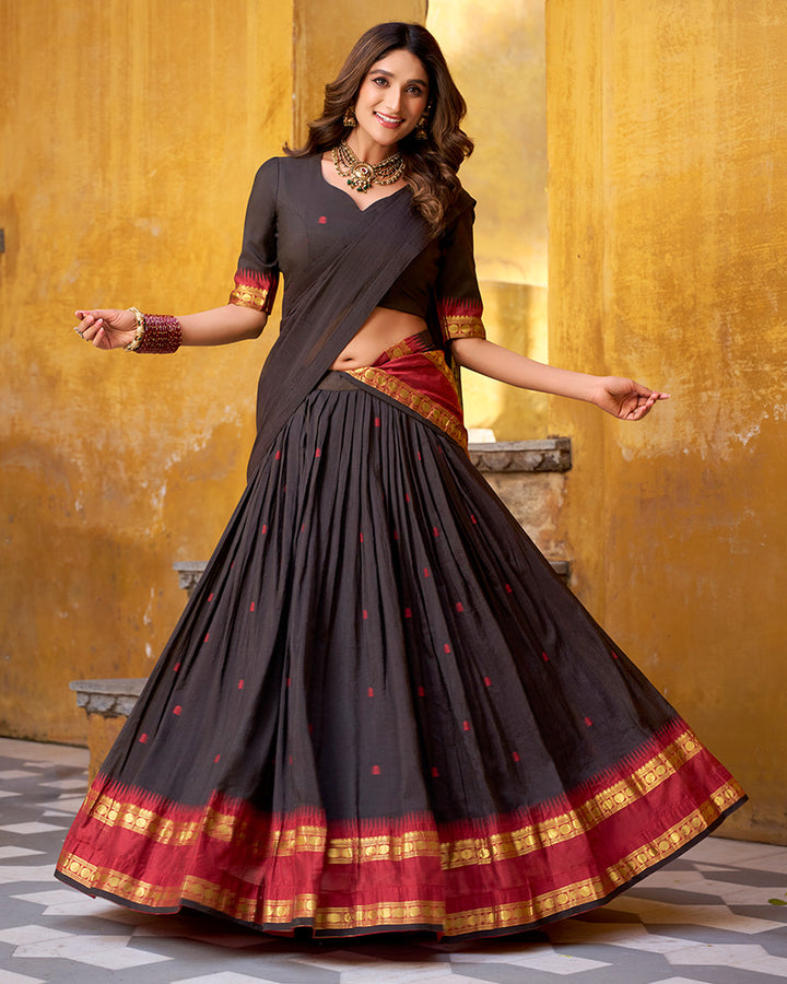 Elegant Black Pure Chanderi Half Saree With Zari Weaving