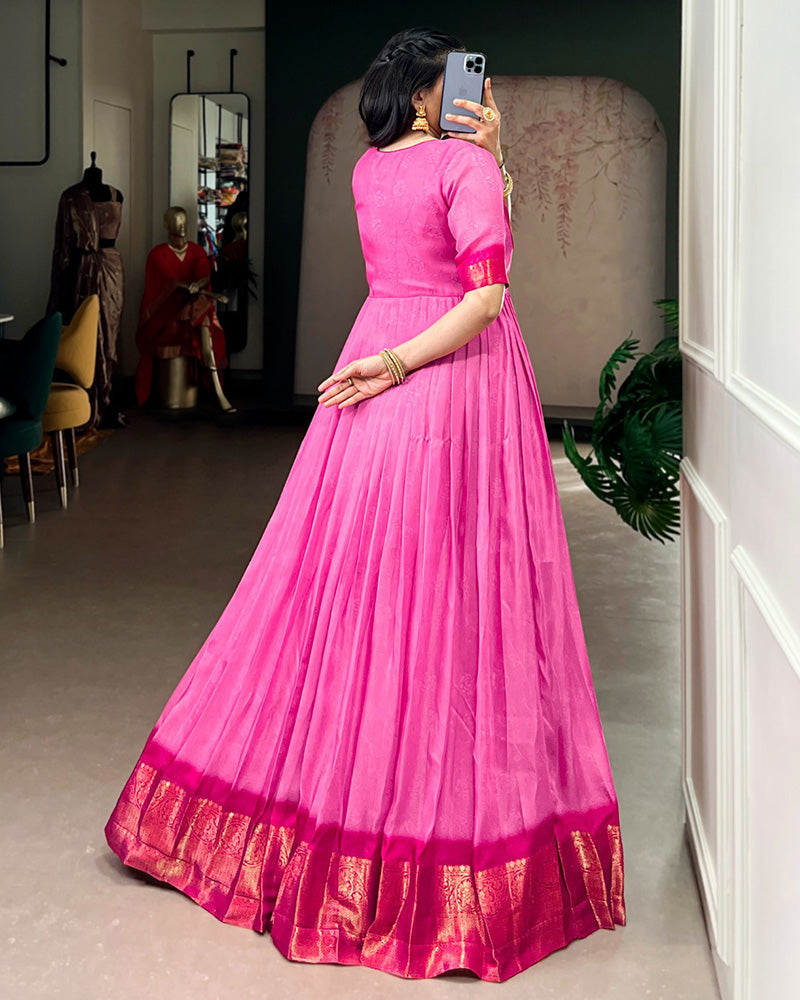 Pink Color Mass Mello Zari Weaving Gown