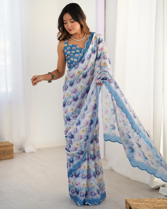 Sky White Color Chinnon Silk Digital Printed Saree