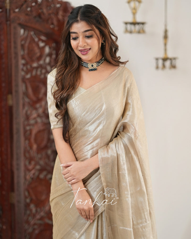 Off-White Color Handloom Raga Tissue Cotton Saree