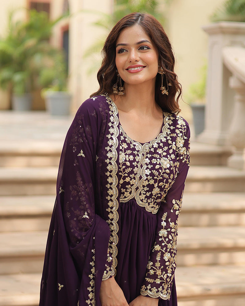 Wine Color Faux Blooming Multi Embroidered Work Gown