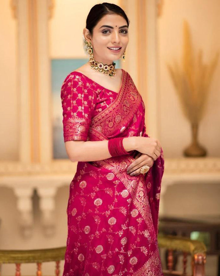 Rani Pink Color Banarasi Jacquard With Zari Work Saree