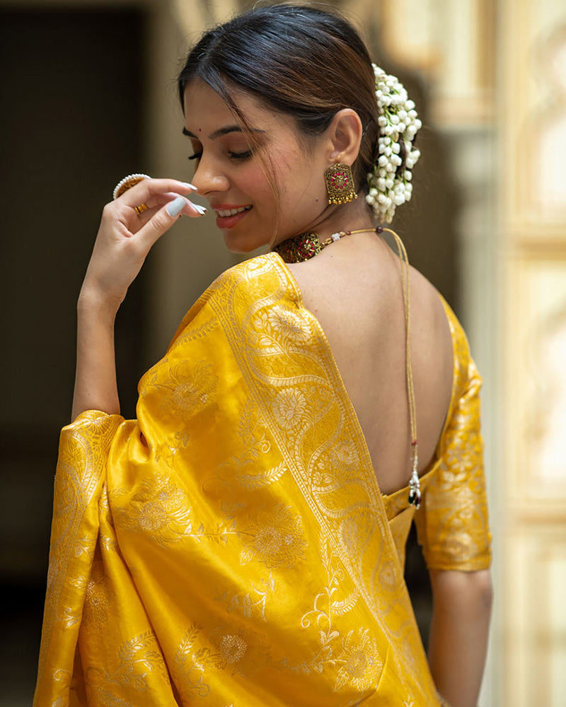 Yellow Color Banarasi Jacquard Zari Weaving Saree