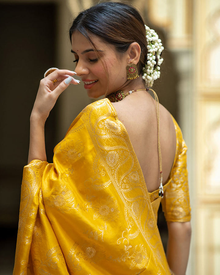 Yellow Color Banarasi Jacquard Zari Weaving Saree