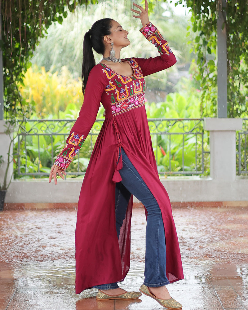 Red Color Rayon Gamthi Work Navratri Kurti