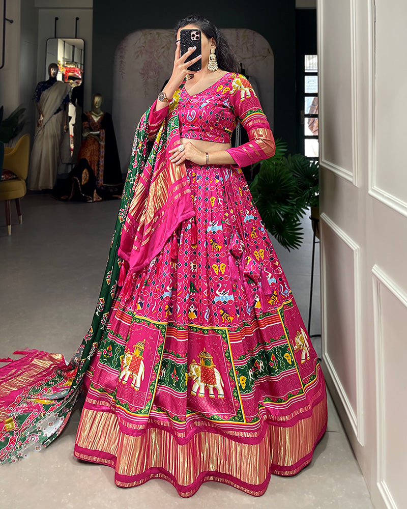Rani Pink Color Gaji Silk Printed Navratri Lehenga Choli