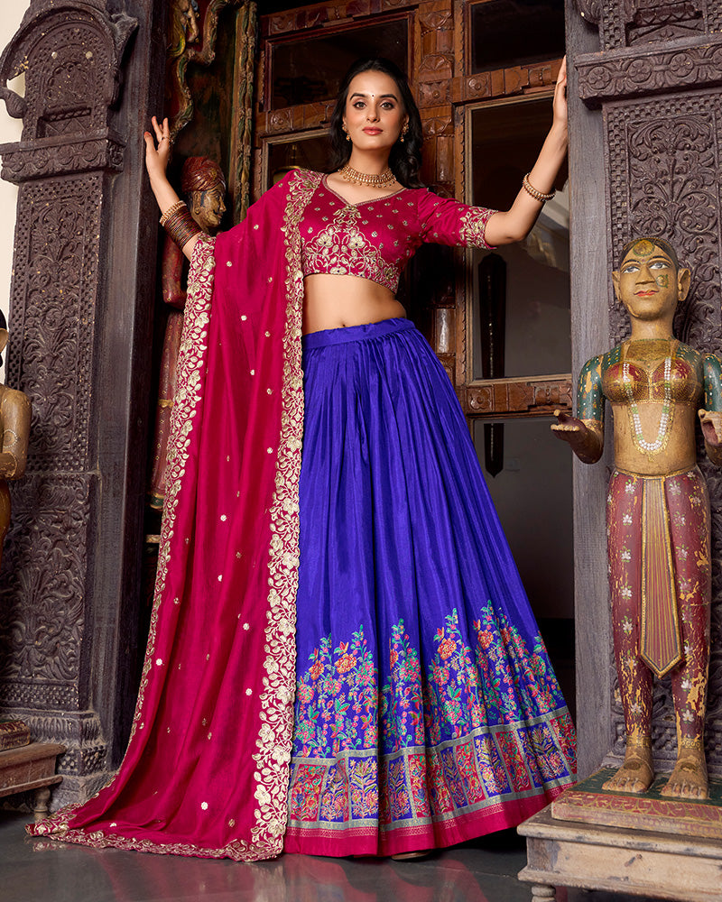 Royal Blue Color Tussar Silk Printed And Foil Work Half Saree