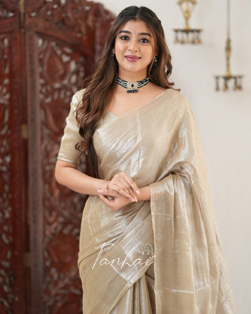 Off-White Color Handloom Raga Tissue Cotton Saree