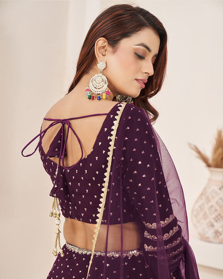 Wine Color Georgette Embroidered Lehenga Choli With Net Dupatta